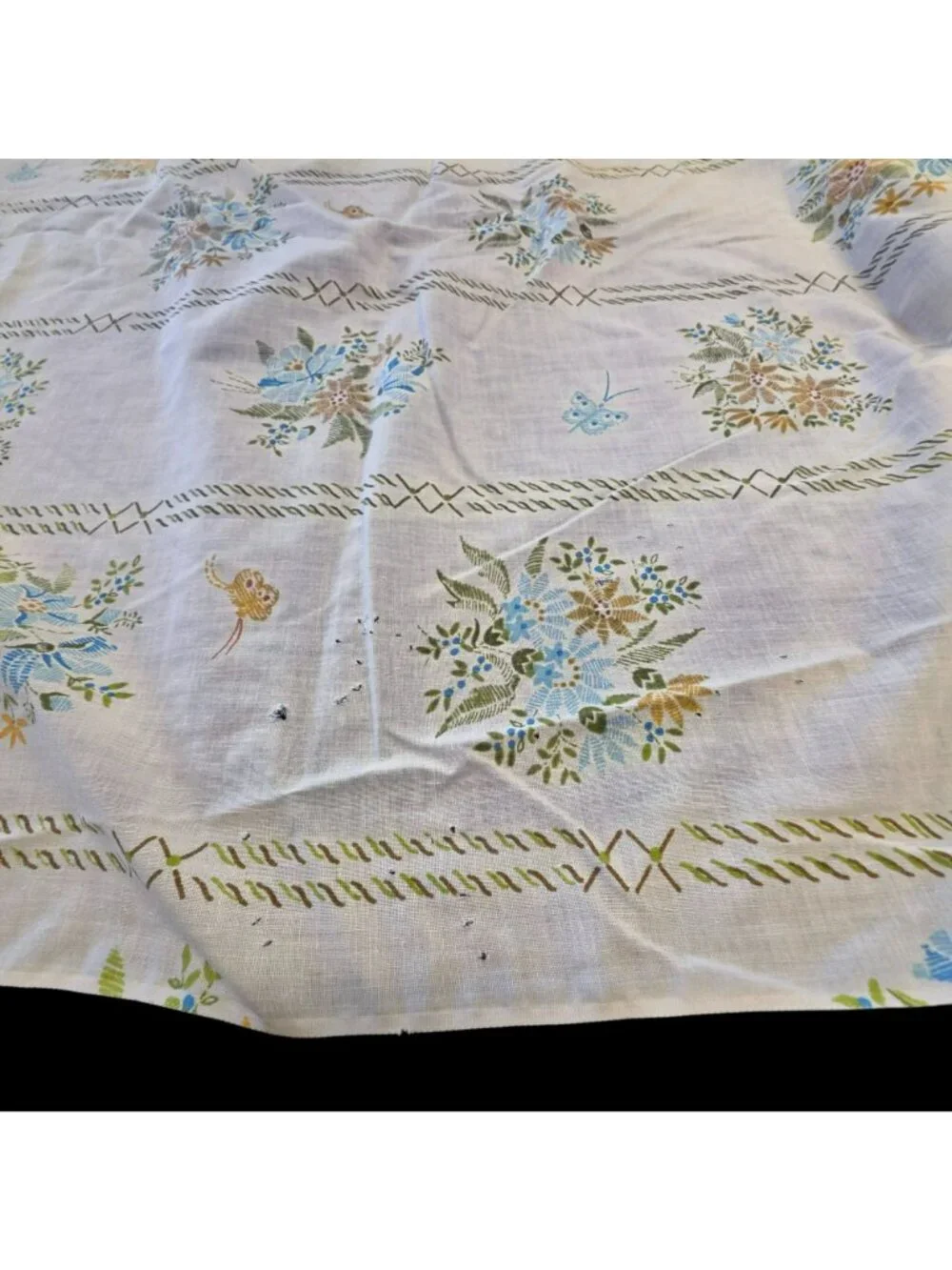 Vtg 70s Queen Bedding Set Lady Pepperell Cottage Floral Faux Needlepoint Muslin